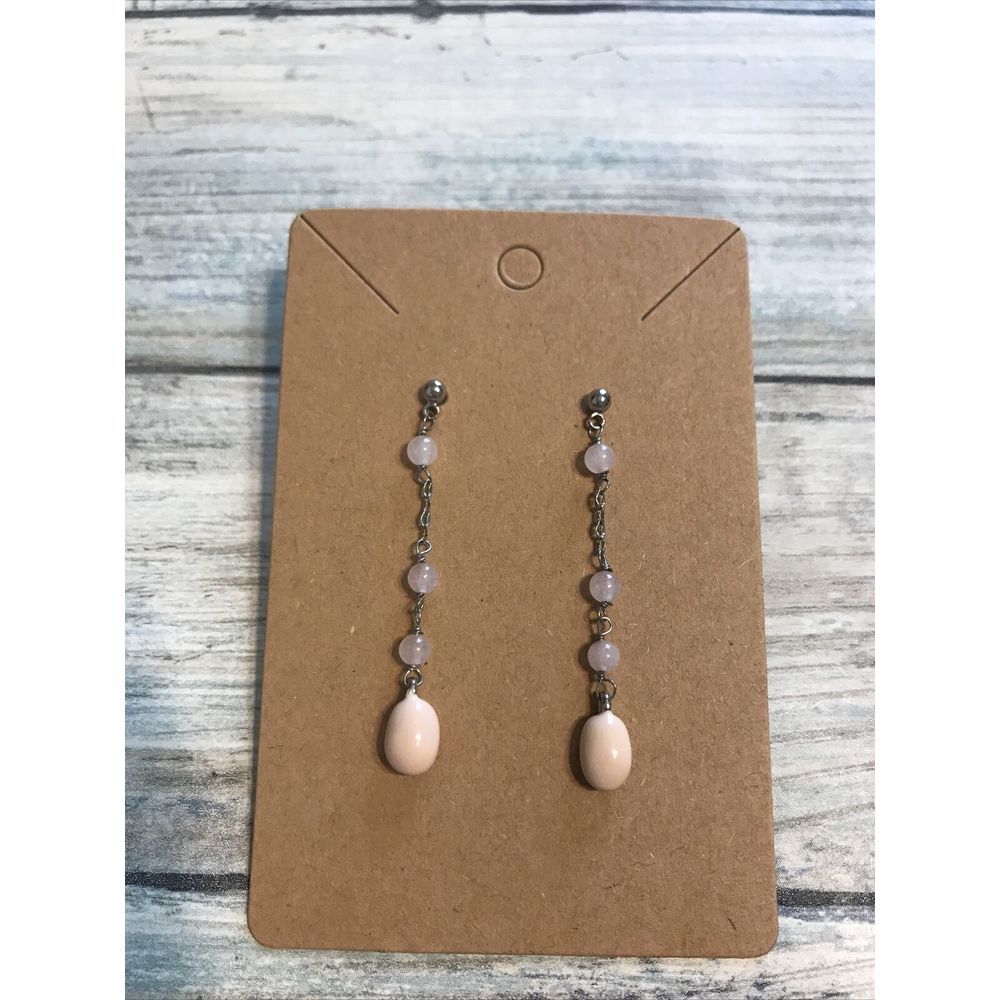 Beaded Dangle Chain EARRINGS 2" Long Dainty‎ Beige nude color NWOT unbranded